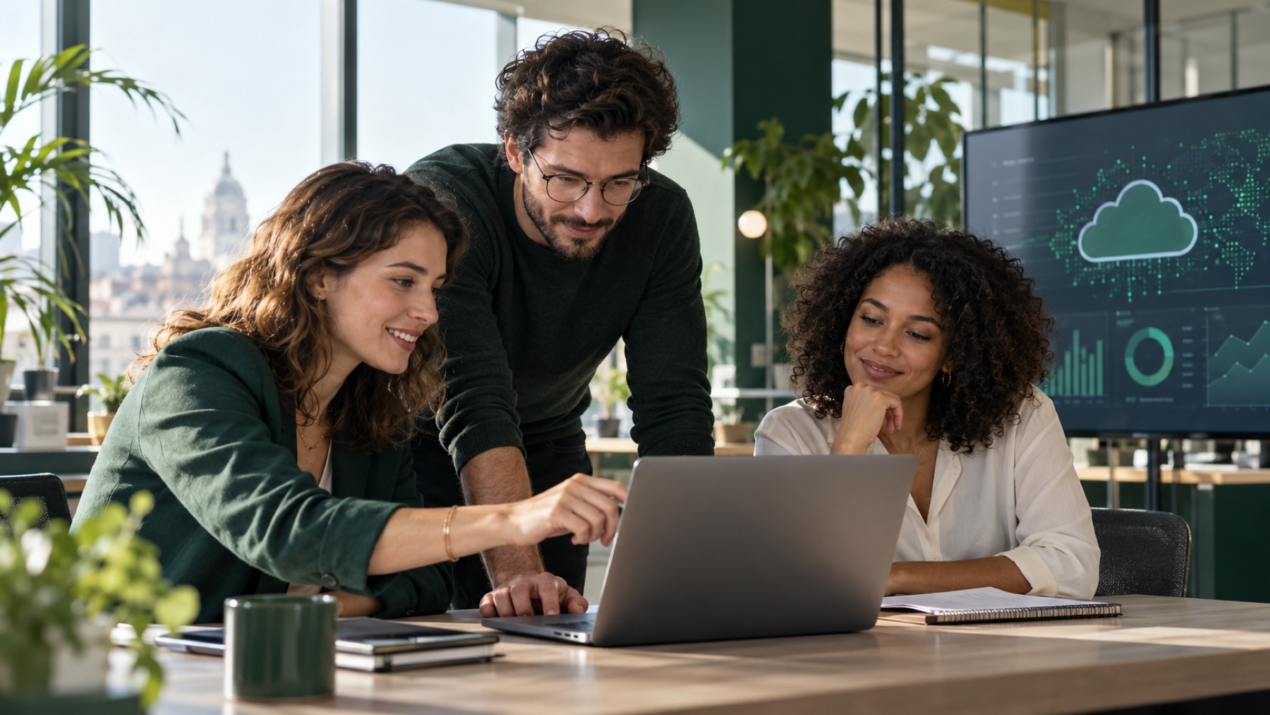 Deux experts et une collaboratrice devant un écran de données cloud